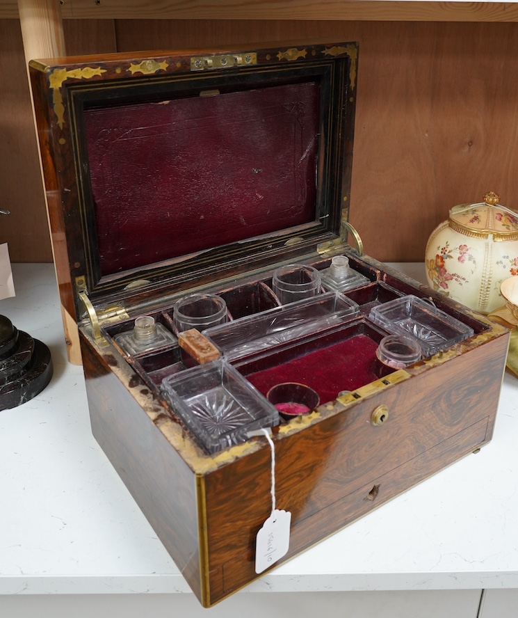 A Victorian brass bound rosewood toilet box, 36cm wide. Condition - fair to good